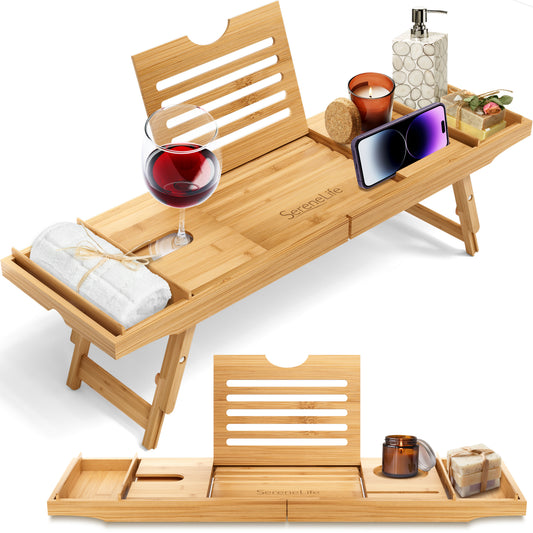 Natural Bamboo Bathtub Caddy - Shower Tub Caddy Tray With Adjustable Length