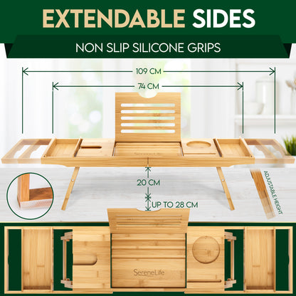 Natural Bamboo Bathtub Caddy - Shower Tub Caddy Tray With Adjustable Length
