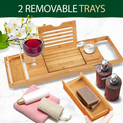 Natural Bamboo Bathtub Caddy - Shower Tub Caddy Tray With Adjustable Length