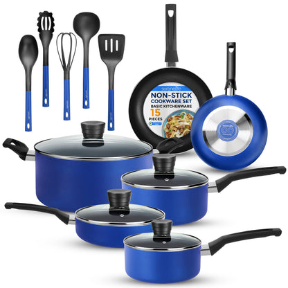 15-Pc Cookware Set - Even Heat Non-Stick Coating - Blue - SLCW15BLU