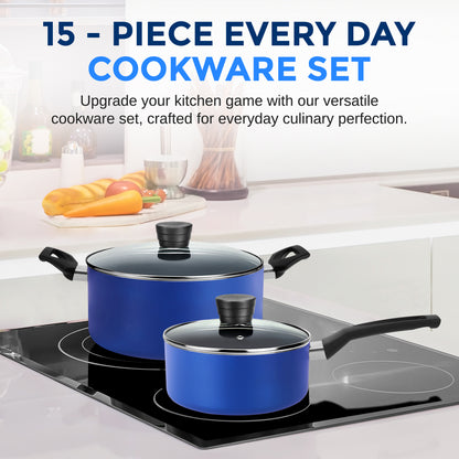 15-Pc Cookware Set - Even Heat Non-Stick Coating - Blue - SLCW15BLU