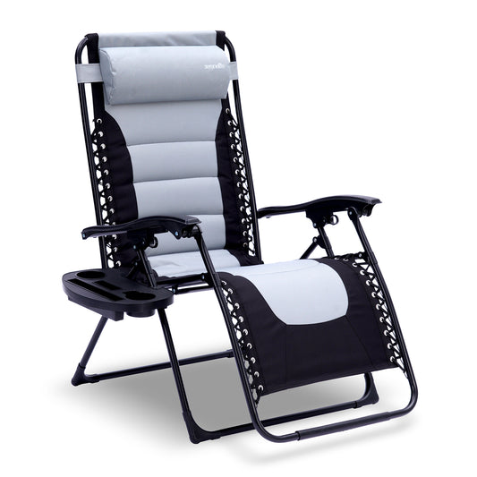 Outdoor Adjustable And Foldable Padded Zero Gravity Lawn Chair - Adjustable Recliners With Plastic Cup Holder Side Table And Pillow (Gray And Black)