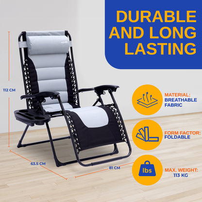 Outdoor Adjustable And Foldable Padded Zero Gravity Lawn Chair - Adjustable Recliners With Plastic Cup Holder Side Table And Pillow (Gray And Black)