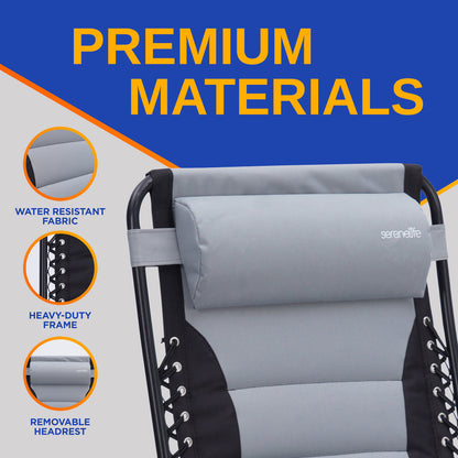 Outdoor Adjustable And Foldable Padded Zero Gravity Lawn Chair - Adjustable Recliners With Plastic Cup Holder Side Table And Pillow (Gray And Black)