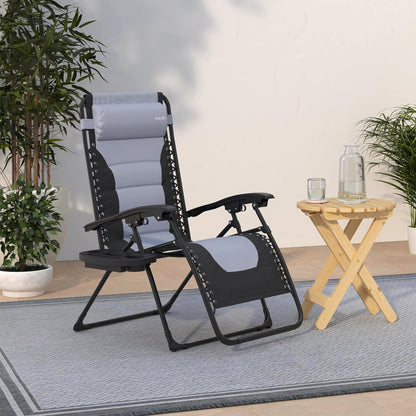 Outdoor Adjustable And Foldable Padded Zero Gravity Lawn Chair - Adjustable Recliners With Plastic Cup Holder Side Table And Pillow (Gray And Black)