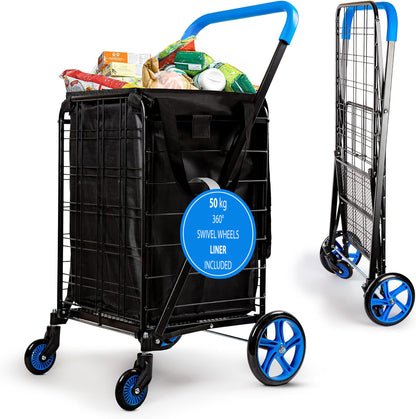 Heavy Duty Foldable Shopping Cart With Removable Cart Liner 360 Degree Rolling Swivel Wheels And Adjustable Handle 110 Lbs. Weight Capacity For Groceries Laundry Luggage And More