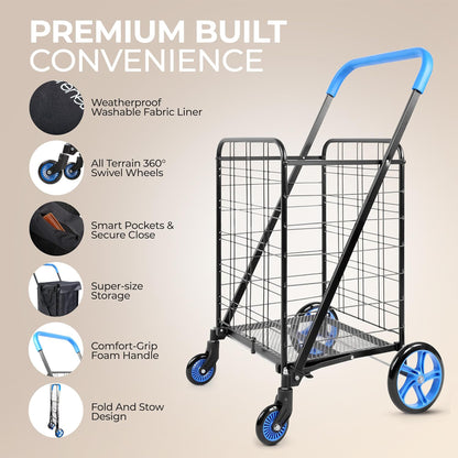 Heavy Duty Foldable Shopping Cart With Removable Cart Liner 360 Degree Rolling Swivel Wheels And Adjustable Handle 110 Lbs. Weight Capacity For Groceries Laundry Luggage And More