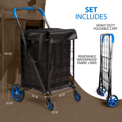 Heavy Duty Foldable Shopping Cart With Removable Cart Liner 360 Degree Rolling Swivel Wheels And Adjustable Handle 110 Lbs. Weight Capacity For Groceries Laundry Luggage And More