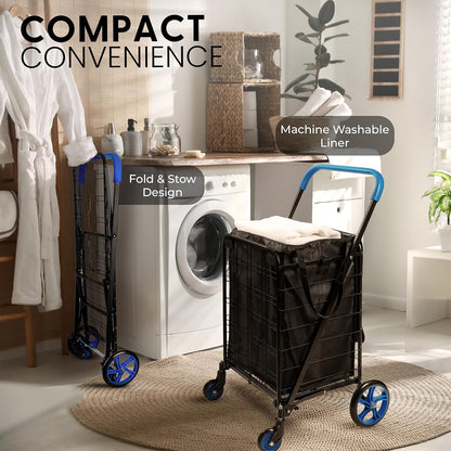 Heavy Duty Foldable Shopping Cart With Removable Cart Liner 360 Degree Rolling Swivel Wheels And Adjustable Handle 110 Lbs. Weight Capacity For Groceries Laundry Luggage And More