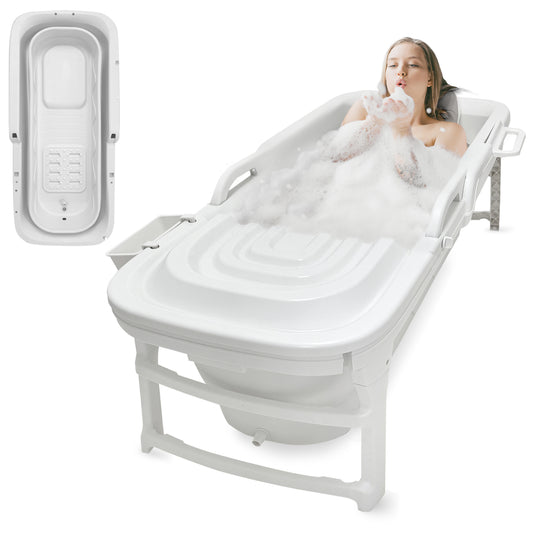 1.5M Foldable Bathtub Set - Includes Lid Tray Bag Stretch Drainage Pipe Bath Cushion And Massage Rollers For Indoor And Outdoor Use (White)