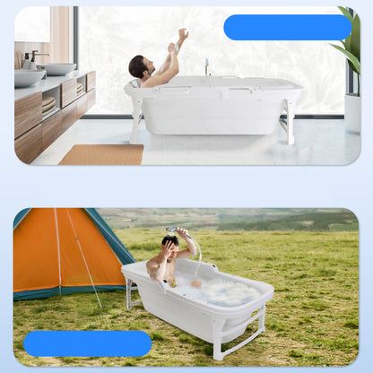 1.5M Foldable Bathtub Set - Includes Lid Tray Bag Stretch Drainage Pipe Bath Cushion And Massage Rollers For Indoor And Outdoor Use (White)