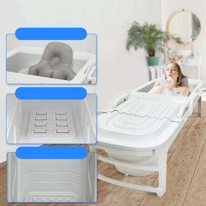 1.5M Foldable Bathtub Set - Includes Lid Tray Bag Stretch Drainage Pipe Bath Cushion And Massage Rollers For Indoor And Outdoor Use (White)