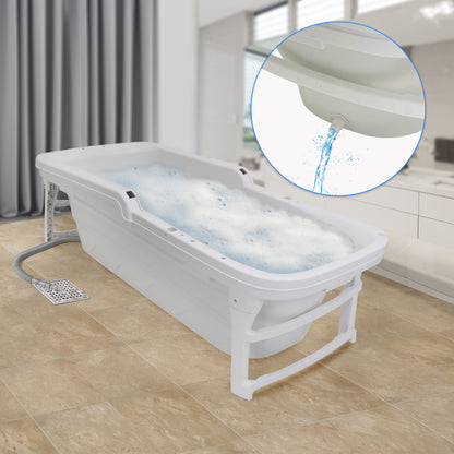 1.5M Foldable Bathtub Set - Includes Lid Tray Bag Stretch Drainage Pipe Bath Cushion And Massage Rollers For Indoor And Outdoor Use (White)