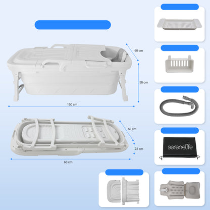 1.5M Foldable Bathtub Set - Includes Lid Tray Bag Stretch Drainage Pipe Bath Cushion And Massage Rollers For Indoor And Outdoor Use (White)