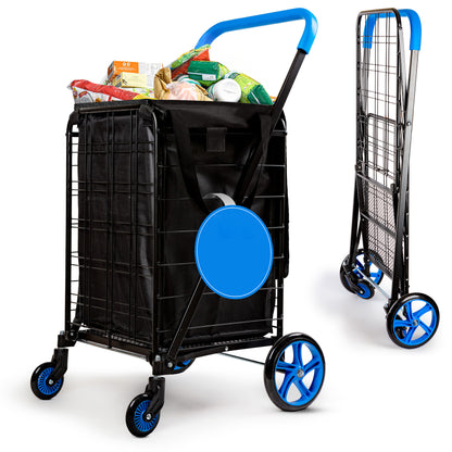 Folding Shopping Cart 70lb Capacity Rustproof Steel Frame Blue