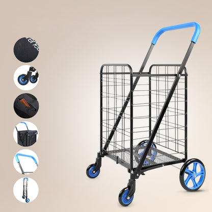 Folding Shopping Cart 70lb Capacity Rustproof Steel Frame Blue
