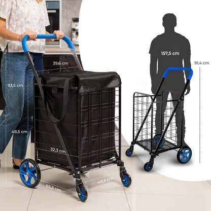 Folding Shopping Cart 70lb Capacity Rustproof Steel Frame Blue
