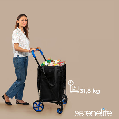 Folding Shopping Cart 70lb Capacity Rustproof Steel Frame Blue