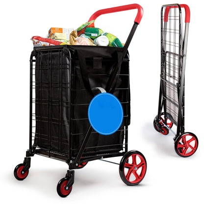 Folding Shopping Cart 70lb Capacity Rustproof Steel Red