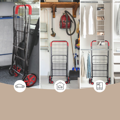 Folding Utility Cart 110 lb Capacity 360° Swivel Wheels Red