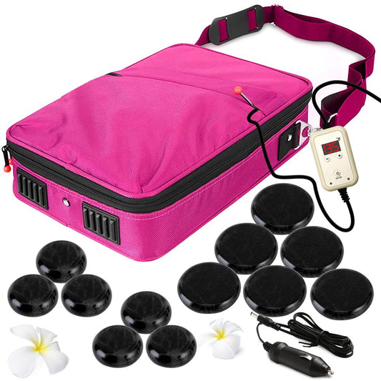 Portable Massage Stone Warmer Set - Relieve Tension Basalt Stones Pink