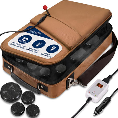Hot Stone Massage Kit - Portable Heated Rock Therapy System With Digital Temperature Controller Includes (12) Massaging Stones
