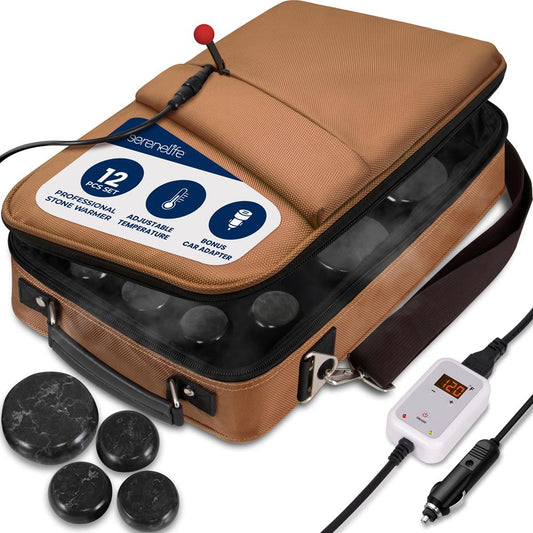 Hot Stone Massage Kit - Portable Heated Rock Therapy System With Digital Temperature Controller Includes (12) Massaging Stones