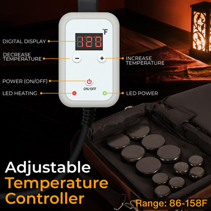 Hot Stone Massage Kit - Portable Heated Rock Therapy System With Digital Temperature Controller Includes (12) Massaging Stones