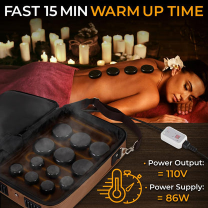 Hot Stone Massage Kit - Portable Heated Rock Therapy System With Digital Temperature Controller Includes (12) Massaging Stones