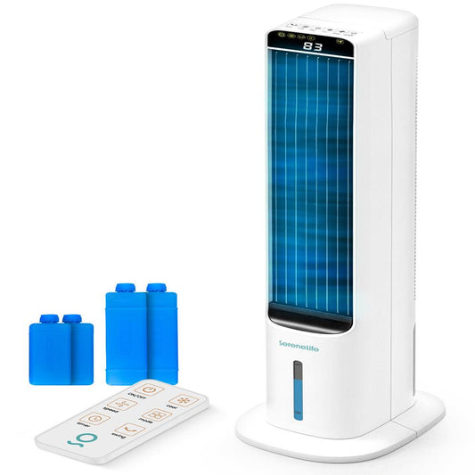 Serenelife Portable Evaporative Air Cooler Tower Fan With 5L Detachable Water Tank 60° Adjustable Oscillation 3 Fan Modes 4 Ice Boxes And Remote Control – Ideal For Home Office And School (White) - SLACL5LWH