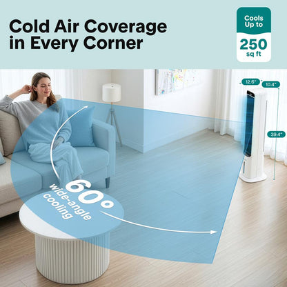 Serenelife Portable Evaporative Air Cooler Tower Fan With 5L Detachable Water Tank 60° Adjustable Oscillation 3 Fan Modes 4 Ice Boxes And Remote Control – Ideal For Home Office And School (White) - SLACL5LWH