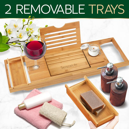 Bath Caddy Tray Comfort Bamboo Waterproof Adjustable Dark Brown