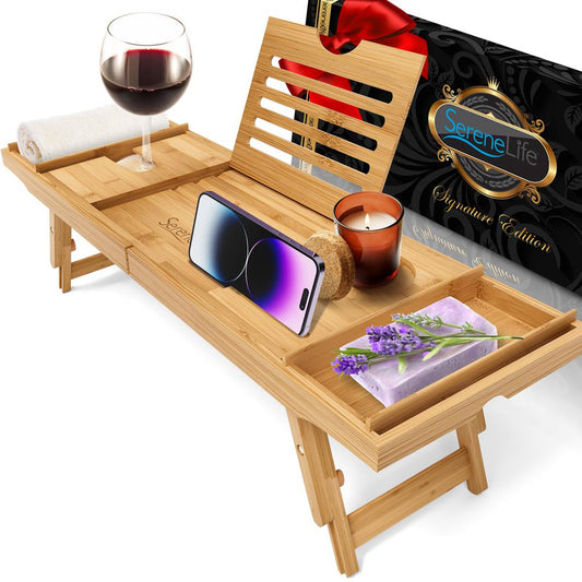 Bath Caddy Tray Comfort Bamboo Waterproof Adjustable Dark Brown