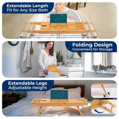 Bamboo Bathtub Caddy - Adjustable Foldable Waterproof Dark Brown