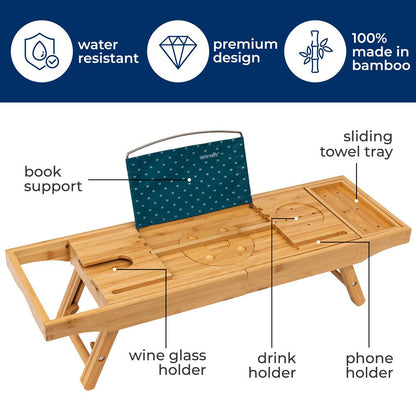 Bamboo Bathtub Caddy - Adjustable Foldable Waterproof Dark Brown