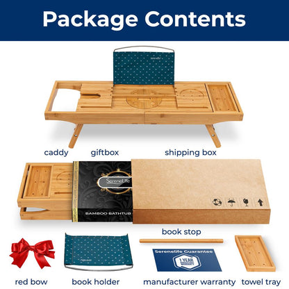 Bamboo Bathtub Caddy - Adjustable Foldable Waterproof Dark Brown