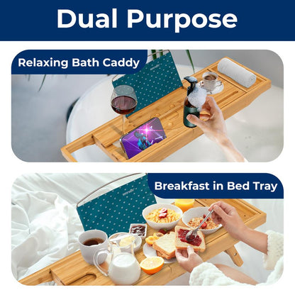 Bamboo Bathtub Caddy - Adjustable Foldable Waterproof Dark Brown