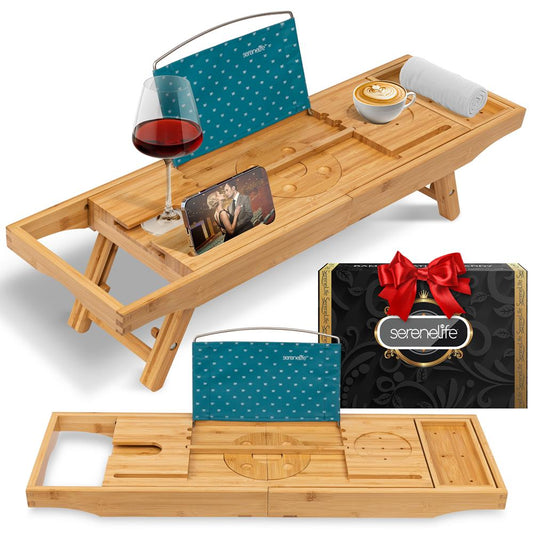 Bamboo Bathtub Caddy - Adjustable Foldable Waterproof Dark Brown