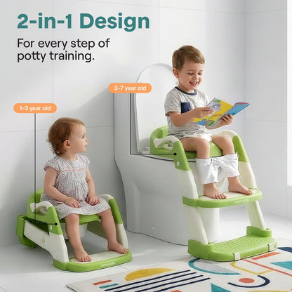 Serenelife Toddler Potty Seat With Ladder – Lightweight Portable 2-In-1 Toilet Trainer With Adjustable Step Ladder Removable Bowl Splash Guard Reward Chart And Toilet Cover – Comfortable And Safe For Easy Potty Training (Green) - SLBPST2GN