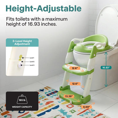 Serenelife Toddler Potty Seat With Ladder – Lightweight Portable 2-In-1 Toilet Trainer With Adjustable Step Ladder Removable Bowl Splash Guard Reward Chart And Toilet Cover – Comfortable And Safe For Easy Potty Training (Green) - SLBPST2GN