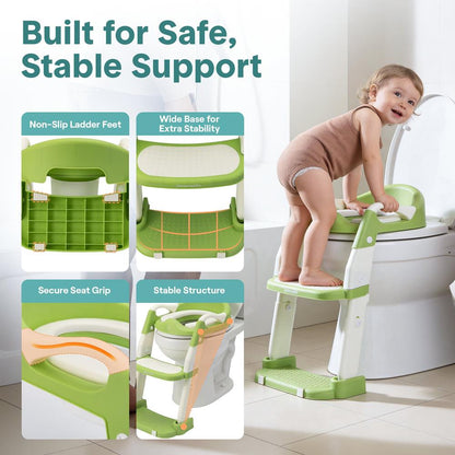 Serenelife Toddler Potty Seat With Ladder – Lightweight Portable 2-In-1 Toilet Trainer With Adjustable Step Ladder Removable Bowl Splash Guard Reward Chart And Toilet Cover – Comfortable And Safe For Easy Potty Training (Green) - SLBPST2GN
