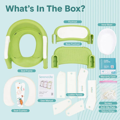 Serenelife Toddler Potty Seat With Ladder – Lightweight Portable 2-In-1 Toilet Trainer With Adjustable Step Ladder Removable Bowl Splash Guard Reward Chart And Toilet Cover – Comfortable And Safe For Easy Potty Training (Green) - SLBPST2GN