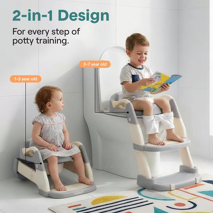 Serenelife Toddler Potty Seat With Ladder – Lightweight Portable 2-In-1 Toilet Trainer With Adjustable Step Ladder Removable Bowl Splash Guard Reward Chart And Toilet Cover – Comfortable And Safe For Easy Potty Training (Gray) - SLBPST2GY