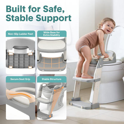 Serenelife Toddler Potty Seat With Ladder – Lightweight Portable 2-In-1 Toilet Trainer With Adjustable Step Ladder Removable Bowl Splash Guard Reward Chart And Toilet Cover – Comfortable And Safe For Easy Potty Training (Gray) - SLBPST2GY