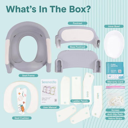 Serenelife Toddler Potty Seat With Ladder – Lightweight Portable 2-In-1 Toilet Trainer With Adjustable Step Ladder Removable Bowl Splash Guard Reward Chart And Toilet Cover – Comfortable And Safe For Easy Potty Training (Gray) - SLBPST2GY