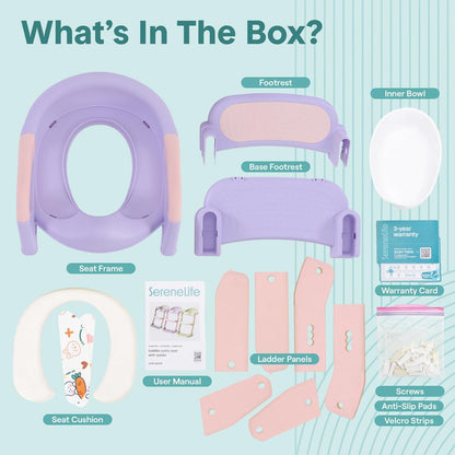 Serenelife Toddler Potty Seat With Ladder – Lightweight Portable 2-In-1 Toilet Trainer With Adjustable Step Ladder Removable Bowl Splash Guard Reward Chart And Toilet Cover – Comfortable And Safe For Easy Potty Training (Purple) - SLBPST2PR