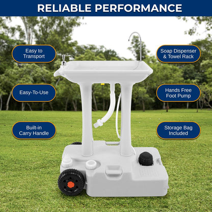 Portable Camping Sink Hands-Free Use 30L Tank Large Wheels