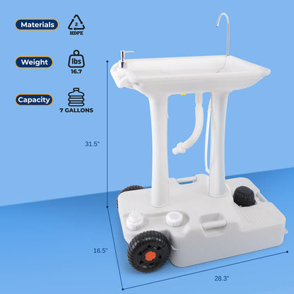 Portable Camping Sink Hands-Free Use 30L Tank Large Wheels
