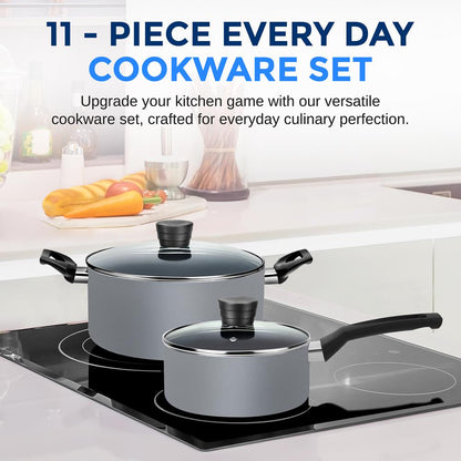 11-Piece Non-Stick Cookware Set Even Heat Black Coating