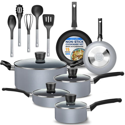 15-Piece Non-Stick Cookware Set Even Heat Black Coating